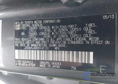 2013 Toyota 4Runner Sr5 z USA, uszkodzony, nr VIN JTEBU5JR0D5141131